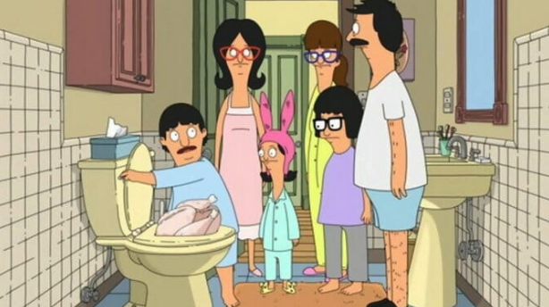A scene from the show Bob's Burgers, where the family is all located in the bathroom watching someone flush a turkey down the toilet. 